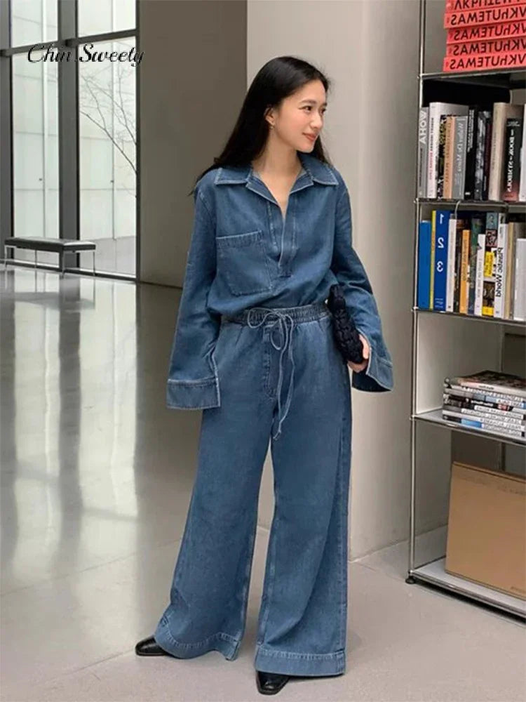 LVSANW Elegant Pants Women Denim 2 Pieces Set Fashion Long Sleeve Turn-down Collar Top Drawstring Wide Trousers 2024 Autumn Lady Suit