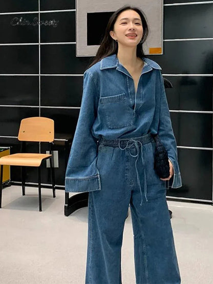 LVSANW Elegant Pants Women Denim 2 Pieces Set Fashion Long Sleeve Turn-down Collar Top Drawstring Wide Trousers 2024 Autumn Lady Suit