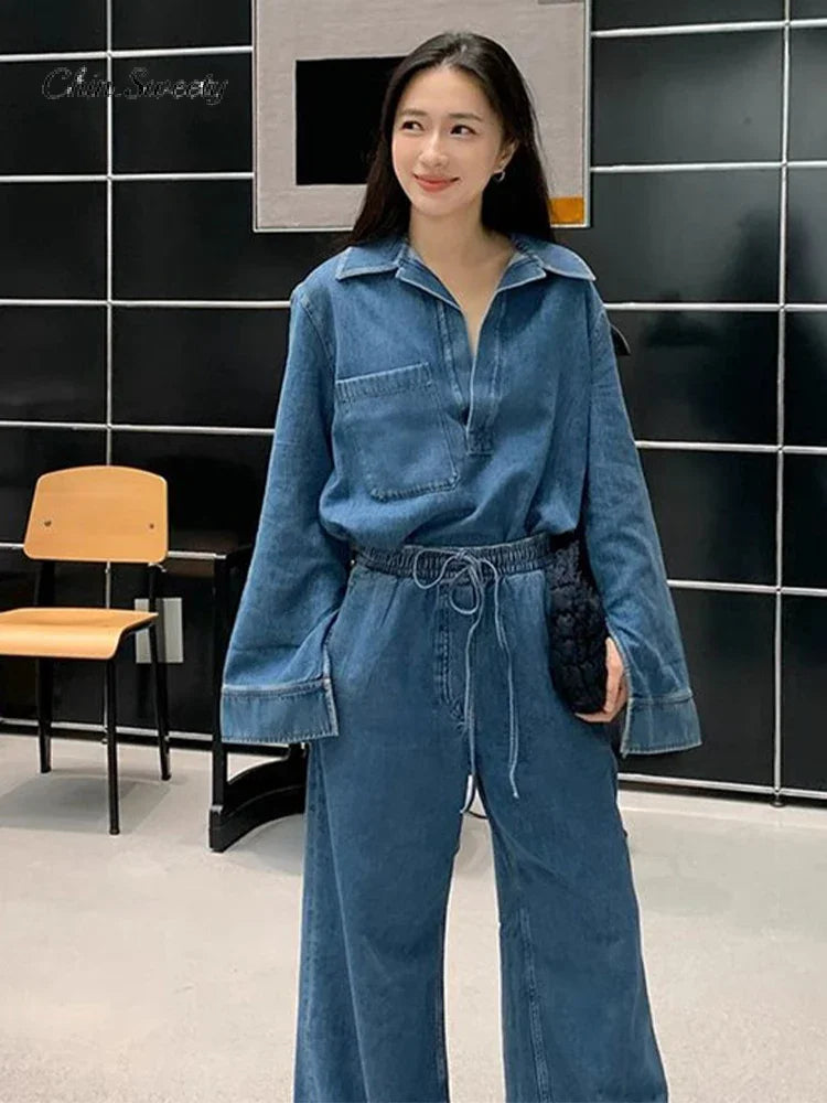 LVSANW Elegant Pants Women Denim 2 Pieces Set Fashion Long Sleeve Turn-down Collar Top Drawstring Wide Trousers 2024 Autumn Lady Suit