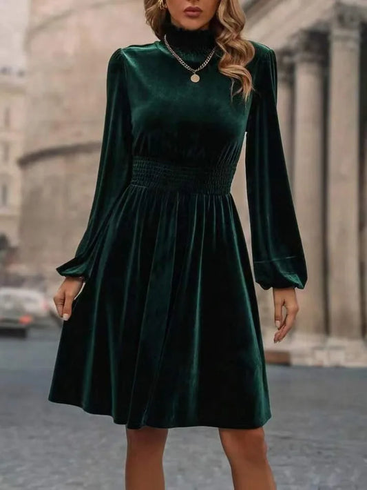 LVSANW Elegant Party Night Velvet Turtleneck Lantern Sleeve Dress for Office Lady in Autumn Winter 2024 New Fashion