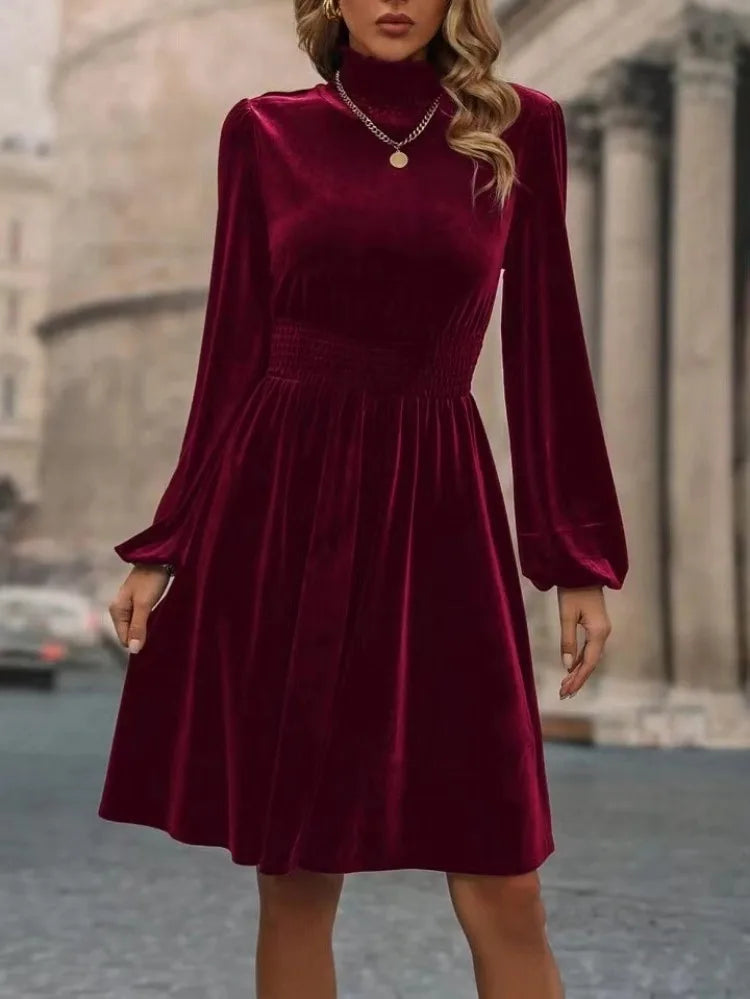 LVSANW Elegant Party Night Velvet Turtleneck Lantern Sleeve Dress for Office Lady in Autumn Winter 2024 New Fashion