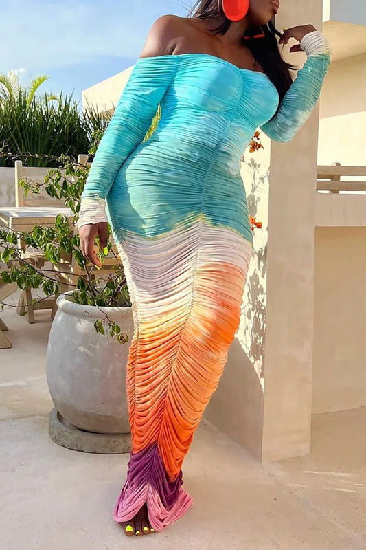 LVSANW Elegant Pretty Women's Dresses Plus Size Shirring Ruched Tie Dye Off the Shoulder Long Sleeve Bodycon Slim Wedding Guest Dress