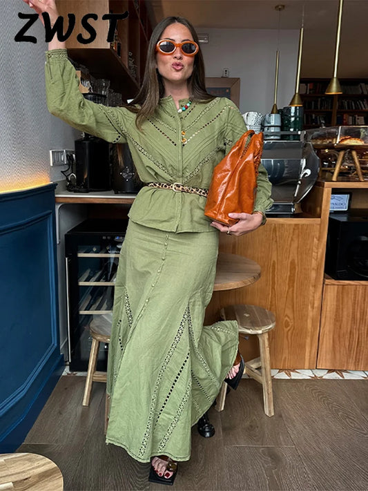 LVSANW Elegant Sequins Shirt Skirt Sets Women Green O-neck Single Breasted Hollow Out Long Sleeve Top Midi Skirts 2024 Two Piece Set