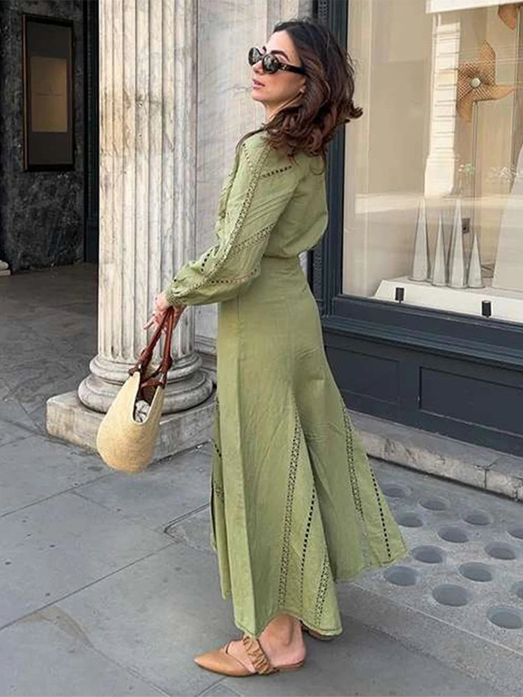 LVSANW Elegant Sequins Shirt Skirt Sets Women Green O-neck Single Breasted Hollow Out Long Sleeve Top Midi Skirts 2024 Two Piece Set