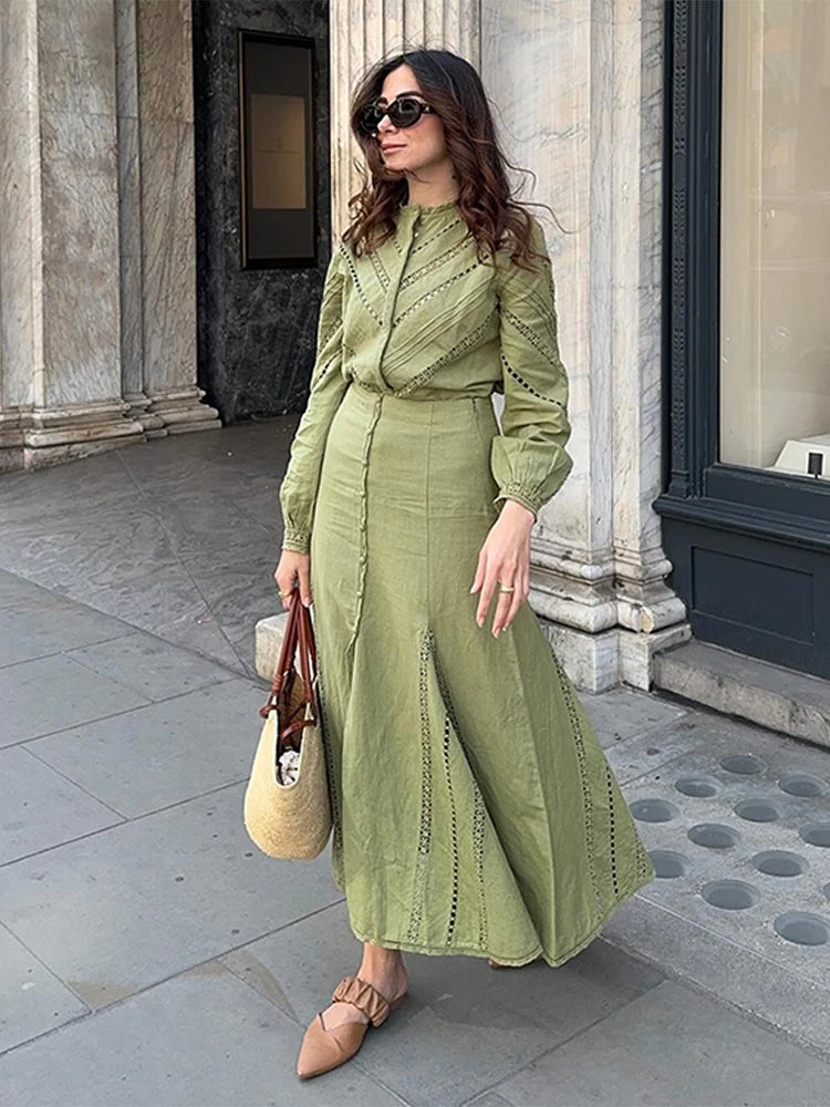 LVSANW Elegant Sequins Shirt Skirt Sets Women Green O-neck Single Breasted Hollow Out Long Sleeve Top Midi Skirts 2024 Two Piece Set