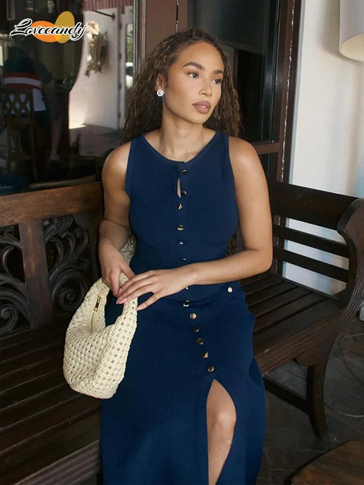 LVSANW Elegant Single Breasted Knitted Long Dress Women Fashion O Neck Sleeveless Fake Pockets Dresses 2024 New Lady Chic Commute Robes