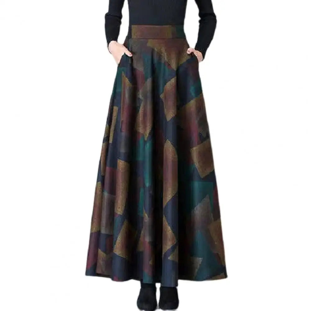 LVSANW Elegant Skirt Elastic Waist Large Hem Retro Skirt Autumn Winter Plaid Print High Waist A-Line Maxi Skirt Female Clothing