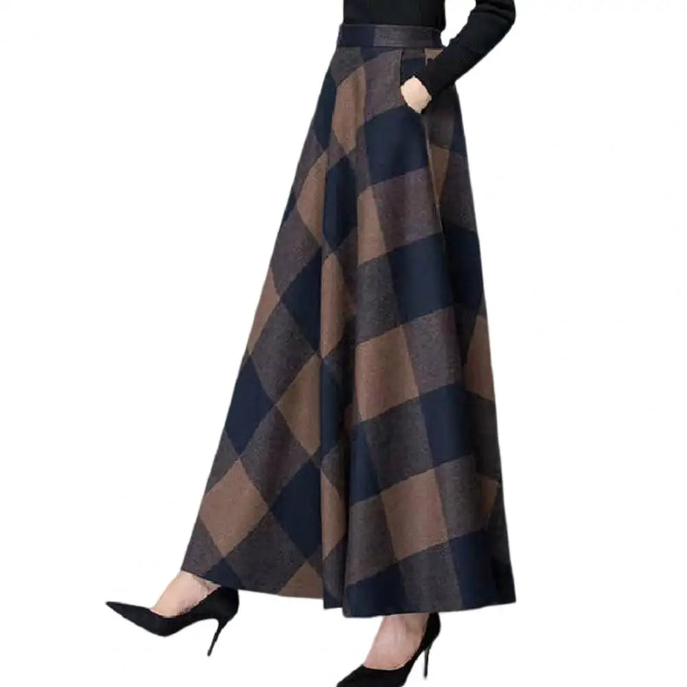 LVSANW Elegant Skirt Elastic Waist Large Hem Retro Skirt Autumn Winter Plaid Print High Waist A-Line Maxi Skirt Female Clothing