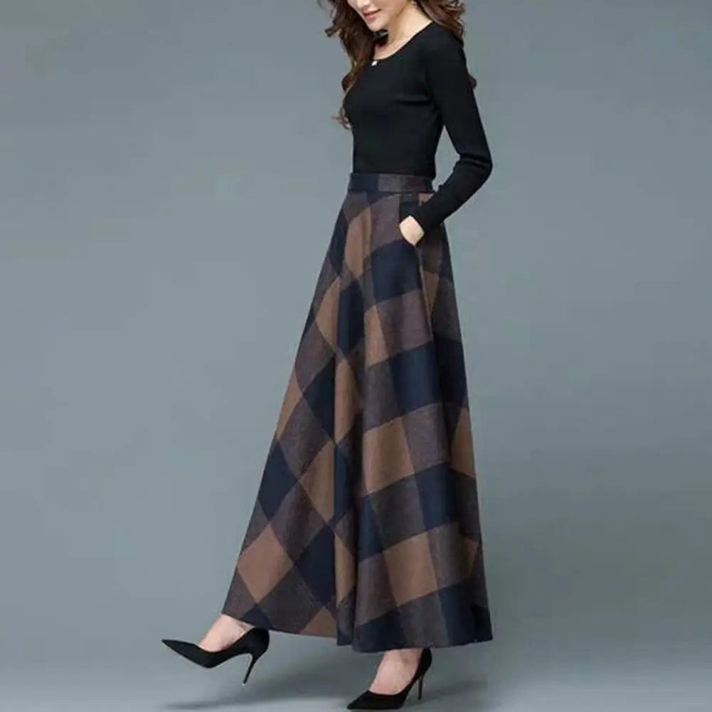 LVSANW Elegant Skirt Elastic Waist Large Hem Retro Skirt Autumn Winter Plaid Print High Waist A-Line Maxi Skirt Female Clothing