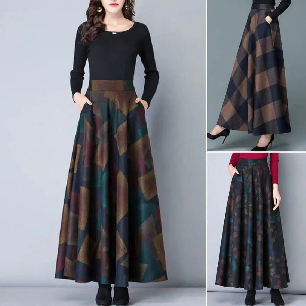 LVSANW Elegant Skirt Elastic Waist Large Hem Retro Skirt Autumn Winter Plaid Print High Waist A-Line Maxi Skirt Female Clothing