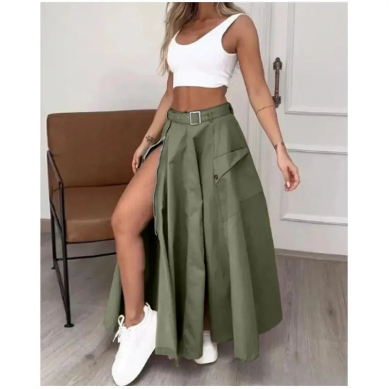 LVSANW Elegant Skirts For Women Clothing Trend 2025 Casual Spring Summer Fashion High Waist Irregular Zipper Pockets Female Long Skirt