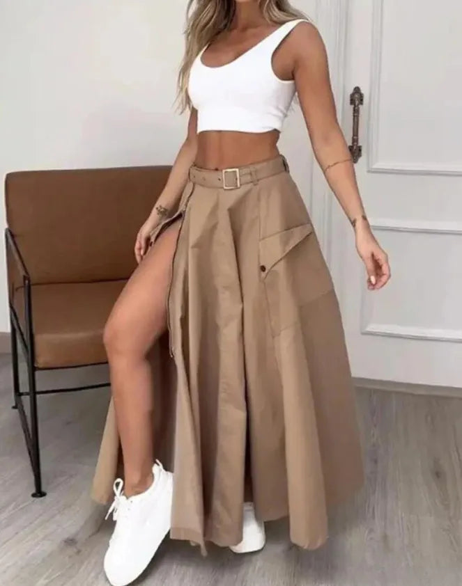 LVSANW Elegant Skirts For Women Clothing Trend 2025 Casual Spring Summer Fashion High Waist Irregular Zipper Pockets Female Long Skirt