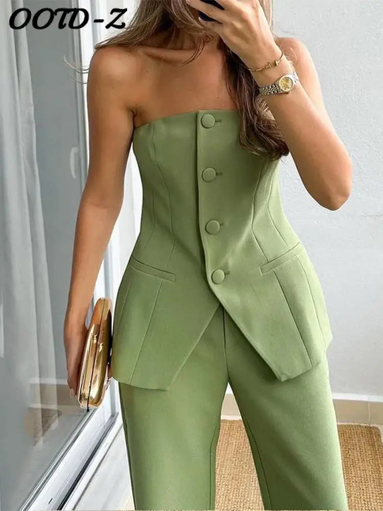 LVSANW Elegant Sleeveless Top Pants Sets Women Green Single Breasted Tops High Waist Wide Leg Pant Lady Suit 2024 Spring Two Piece Set