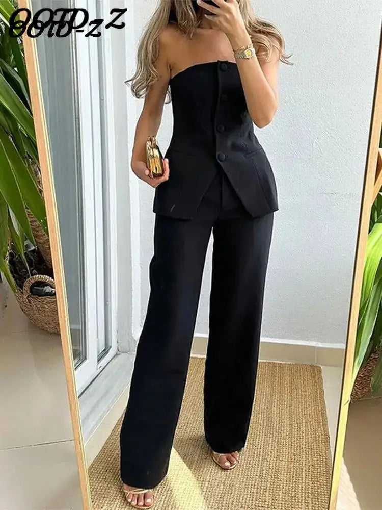 LVSANW Elegant Sleeveless Top Pants Sets Women Green Single Breasted Tops High Waist Wide Leg Pant Lady Suit 2024 Spring Two Piece Set