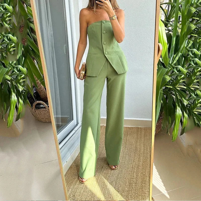 LVSANW Elegant Sleeveless Top Pants Sets Women Green Single Breasted Tops High Waist Wide Leg Pant Lady Suit 2024 Spring Two Piece Set