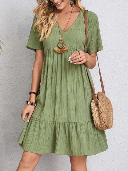 LVSANW Elegant Solid V Neck A Line Dress 2024 New Summer Ruffles Loose Mini Dress Casual Short Sleeve Beach Party Vestidos Streetwear