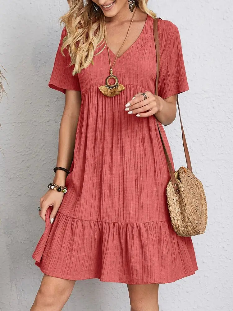 LVSANW Elegant Solid V Neck A Line Dress 2024 New Summer Ruffles Loose Mini Dress Casual Short Sleeve Beach Party Vestidos Streetwear