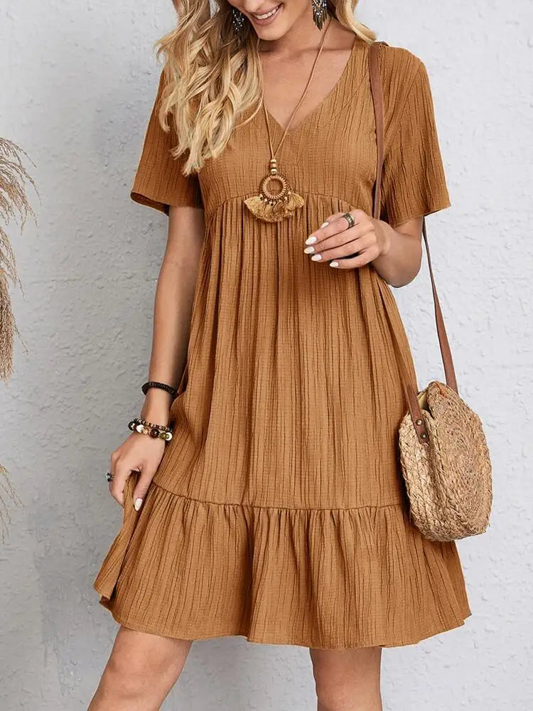 LVSANW Elegant Solid V Neck A Line Dress 2024 New Summer Ruffles Loose Mini Dress Casual Short Sleeve Beach Party Vestidos Streetwear