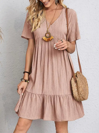 LVSANW Elegant Solid V Neck A Line Dress 2024 New Summer Ruffles Loose Mini Dress Casual Short Sleeve Beach Party Vestidos Streetwear