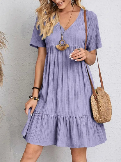 LVSANW Elegant Solid V Neck A Line Dress 2024 New Summer Ruffles Loose Mini Dress Casual Short Sleeve Beach Party Vestidos Streetwear