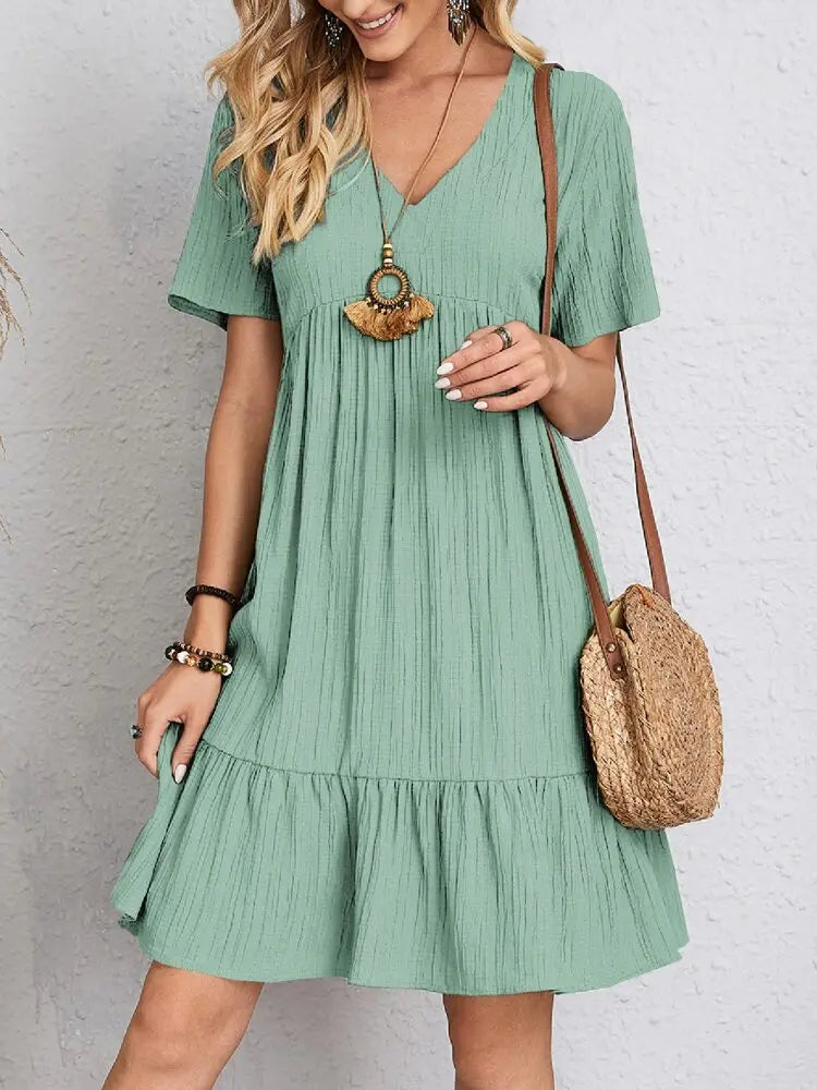 LVSANW Elegant Solid V Neck A Line Dress 2024 New Summer Ruffles Loose Mini Dress Casual Short Sleeve Beach Party Vestidos Streetwear