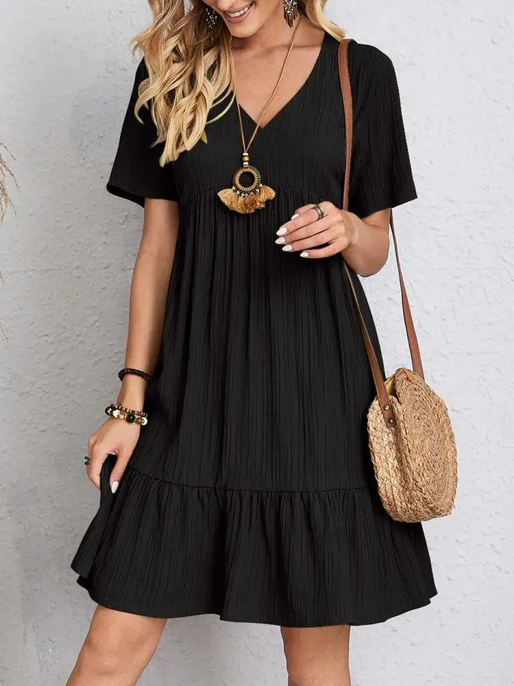 LVSANW Elegant Solid V Neck A Line Dress 2024 New Summer Ruffles Loose Mini Dress Casual Short Sleeve Beach Party Vestidos Streetwear