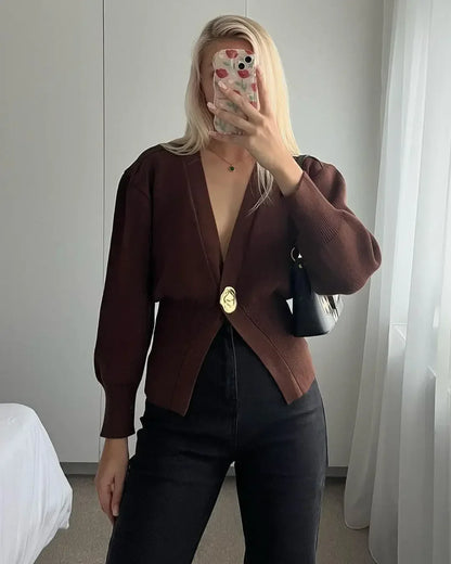 LVSANW Elegant Solid V-neck Metal Buttons Women Knit Cardigan Fashion Slim Lantern Long Sleeve Sweater 2024 Autumn Female Chic Knitwear