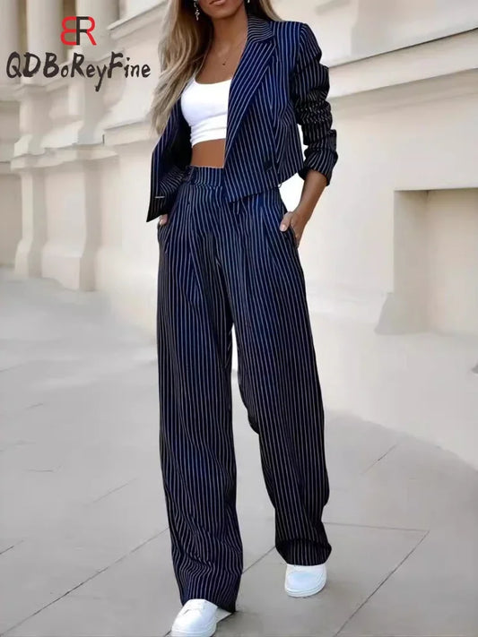 LVSANW Elegant Suit Sets for Women Long Sleeve Short Blazer Wide Leg Pants Set Office Ladies Striped Chic 2 Piece Sets Womens Outfits