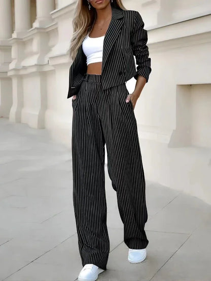 LVSANW Elegant Suit Sets for Women Long Sleeve Short Blazer Wide Leg Pants Set Office Ladies Striped Chic 2 Piece Sets Womens Outfits