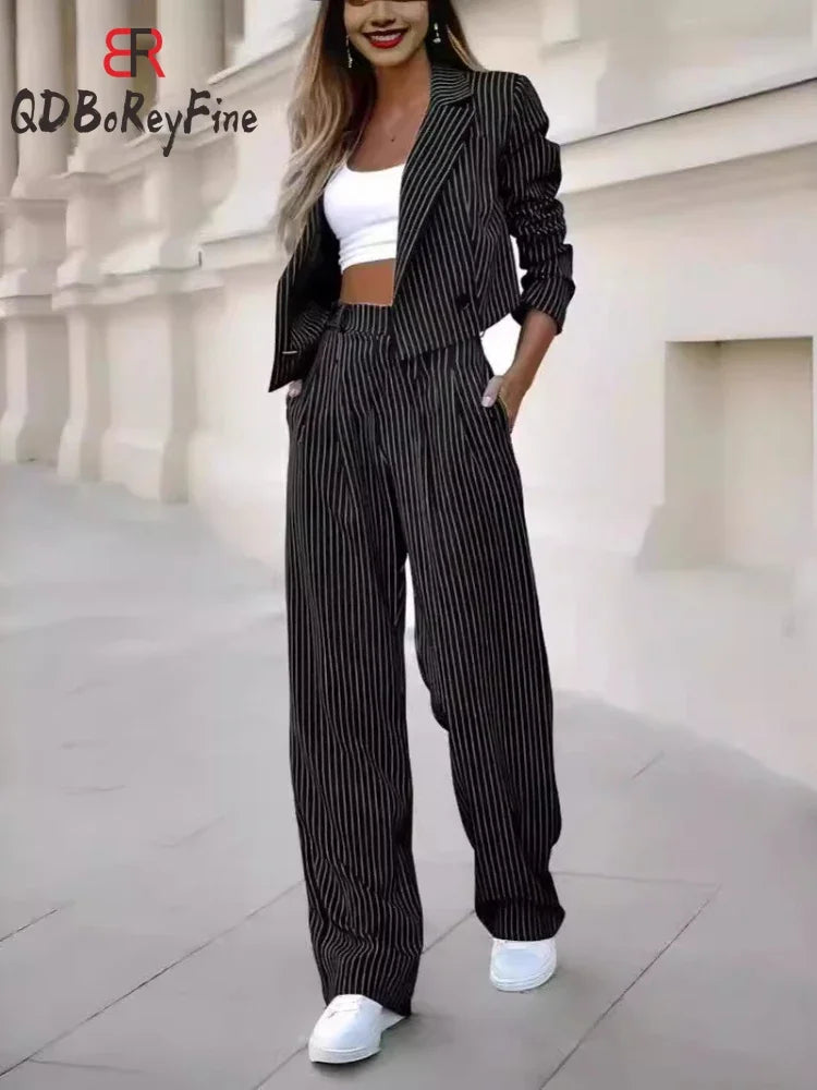 LVSANW Elegant Suit Sets for Women Long Sleeve Short Blazer Wide Leg Pants Set Office Ladies Striped Chic 2 Piece Sets Womens Outfits