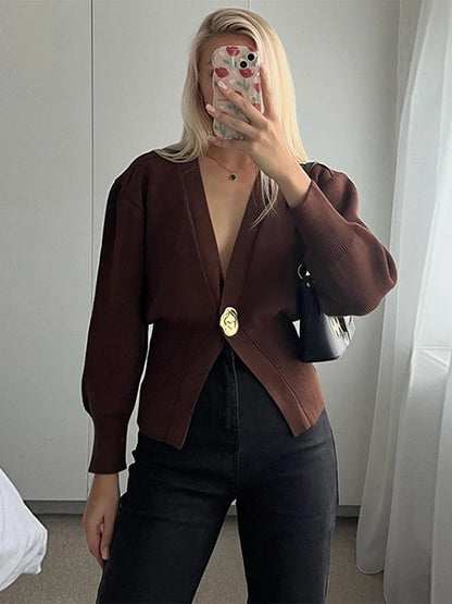 LVSANW Elegant V Neck Knit Cardigan Women Loose Hollow Out One Button Sweater Female 2024 Autumn Winter Soft Solid Knitwears Lady