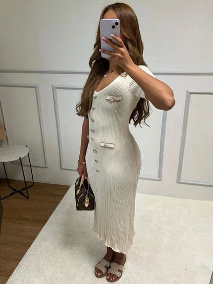 LVSANW Elegant V Neck Knitted Long Dress Women Summer Fashion Short Sleeve Buttons Bodycon Dresses Office Lady Pockets Fashion Robes