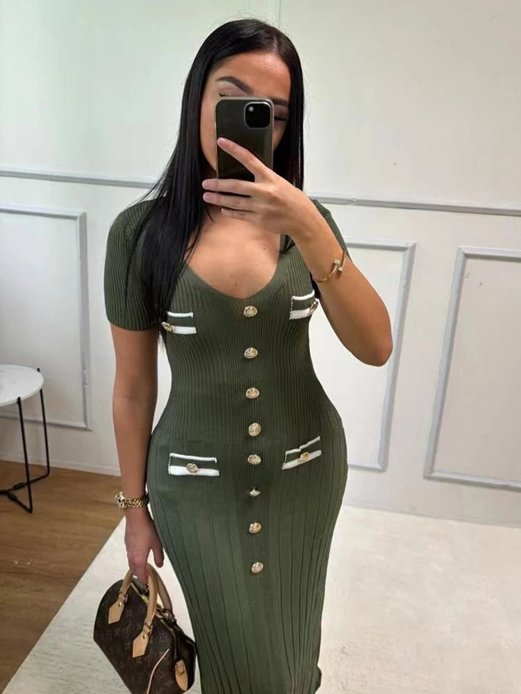 LVSANW Elegant V Neck Knitted Long Dress Women Summer Fashion Short Sleeve Buttons Bodycon Dresses Office Lady Pockets Fashion Robes