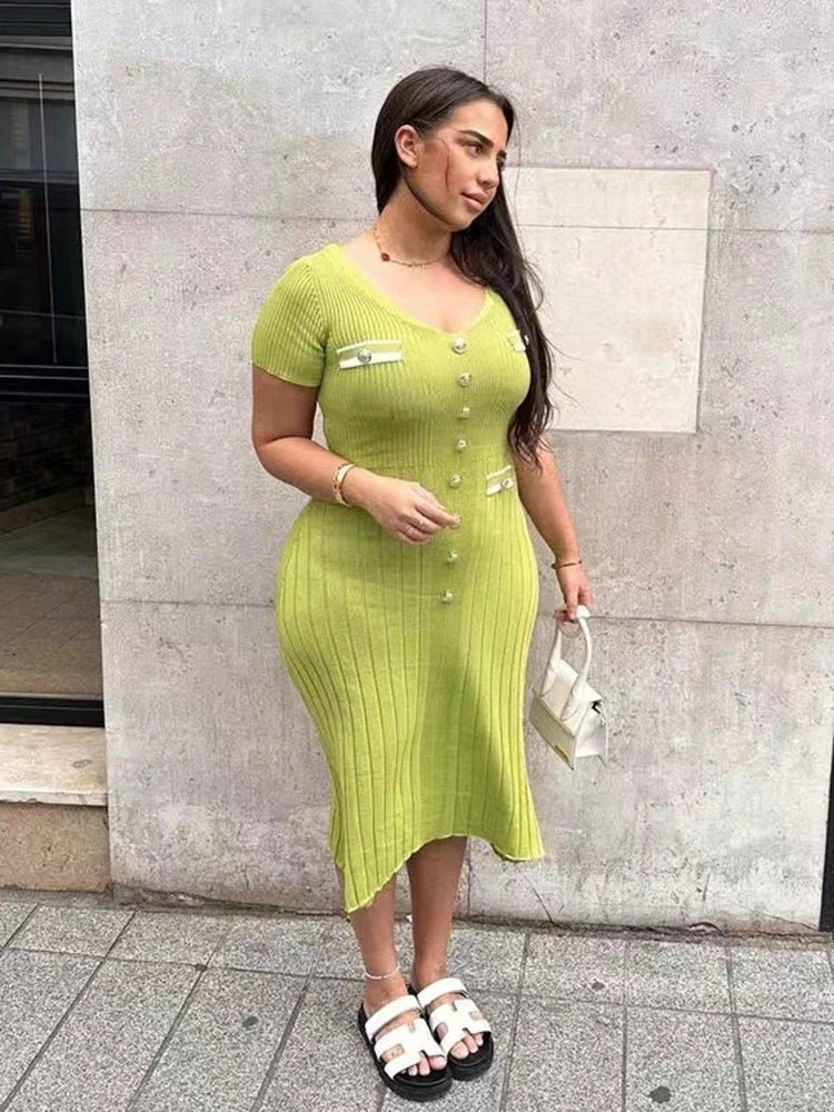 LVSANW Elegant V Neck Knitted Long Dress Women Summer Fashion Short Sleeve Buttons Bodycon Dresses Office Lady Pockets Fashion Robes