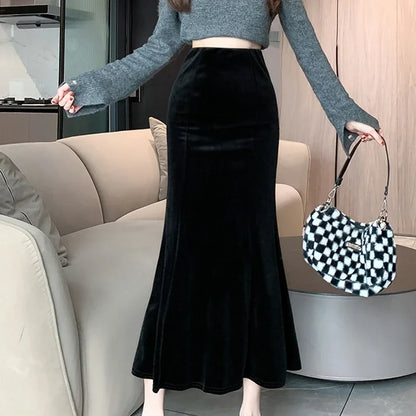 LVSANW Elegant Velvet Black Long Skirts Women 2025 Casual High Waist Faldas Sexy Mujer Slim Korean Style Y2k Clothes Vintage Midi Skirt