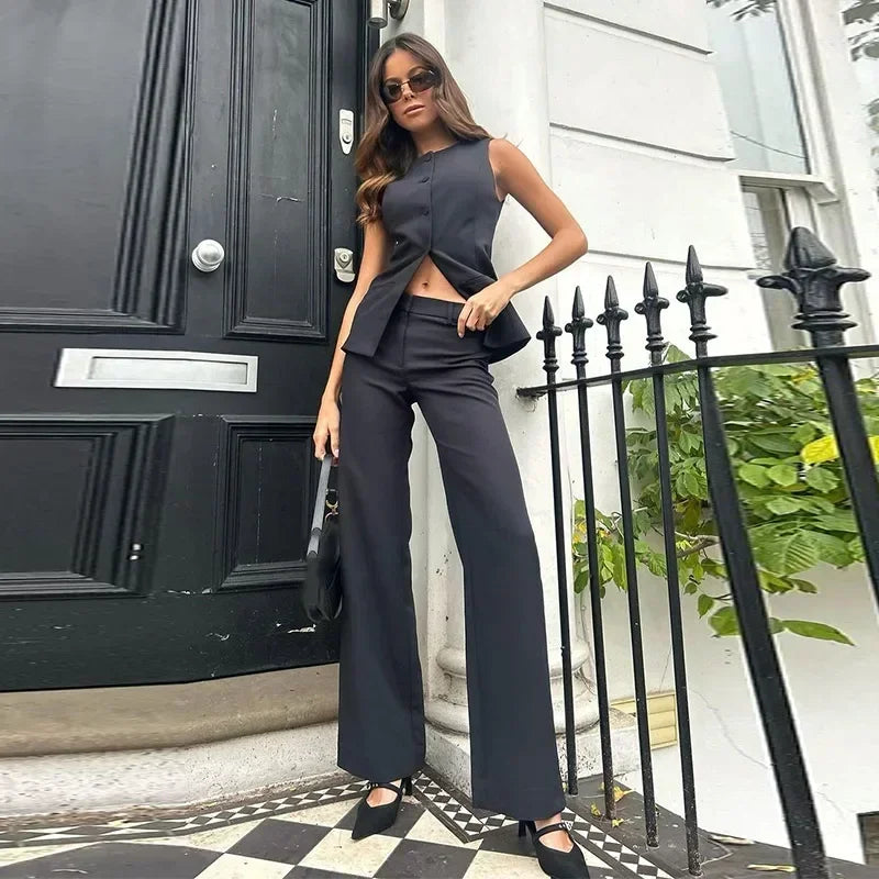 LVSANW Elegant Vest Pants Sets Women 2 Pieces Sleeveless O-neck Single Breasted Top High Waist Wide Pant 2024 Summer Office Lady Outfit