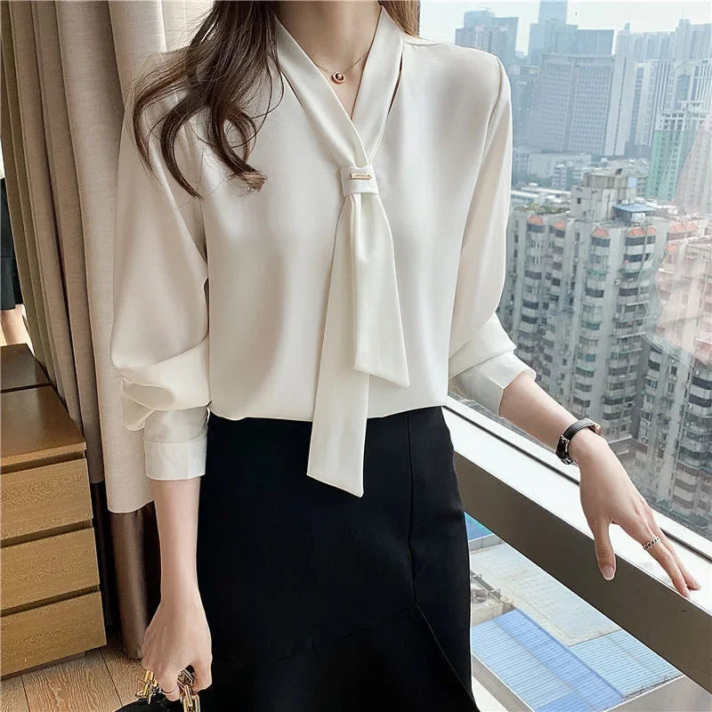 LVSANW Elegant White Chiffon Blouse Base Layer Top For Women New Style 2024 French Chic Small Shirt Stylish Early Spring Autumn Winter