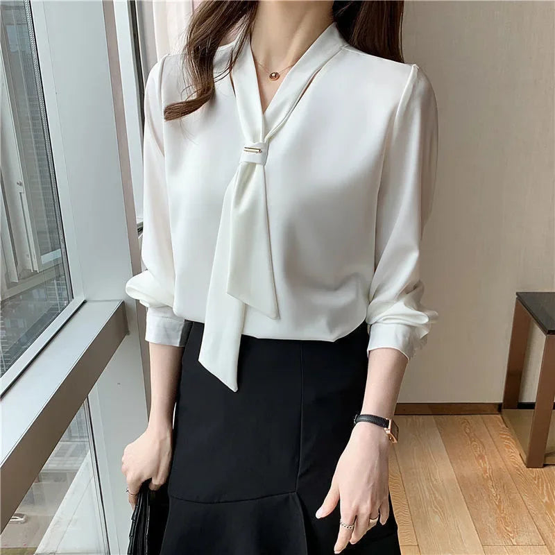 LVSANW Elegant White Chiffon Blouse Base Layer Top For Women New Style 2024 French Chic Small Shirt Stylish Early Spring Autumn Winter