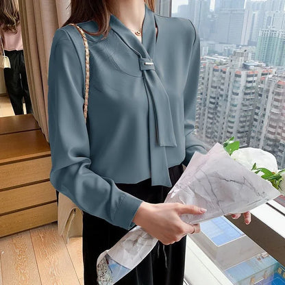 LVSANW Elegant White Chiffon Blouse Base Layer Top For Women New Style 2024 French Chic Small Shirt Stylish Early Spring Autumn Winter