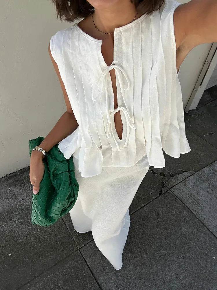 LVSANW Elegant White Set 2 Piece Woman Chic Lace Up O Neck Ruffled Edge Short Top New In Matching Sets 2024 Summer Female Street Outfit