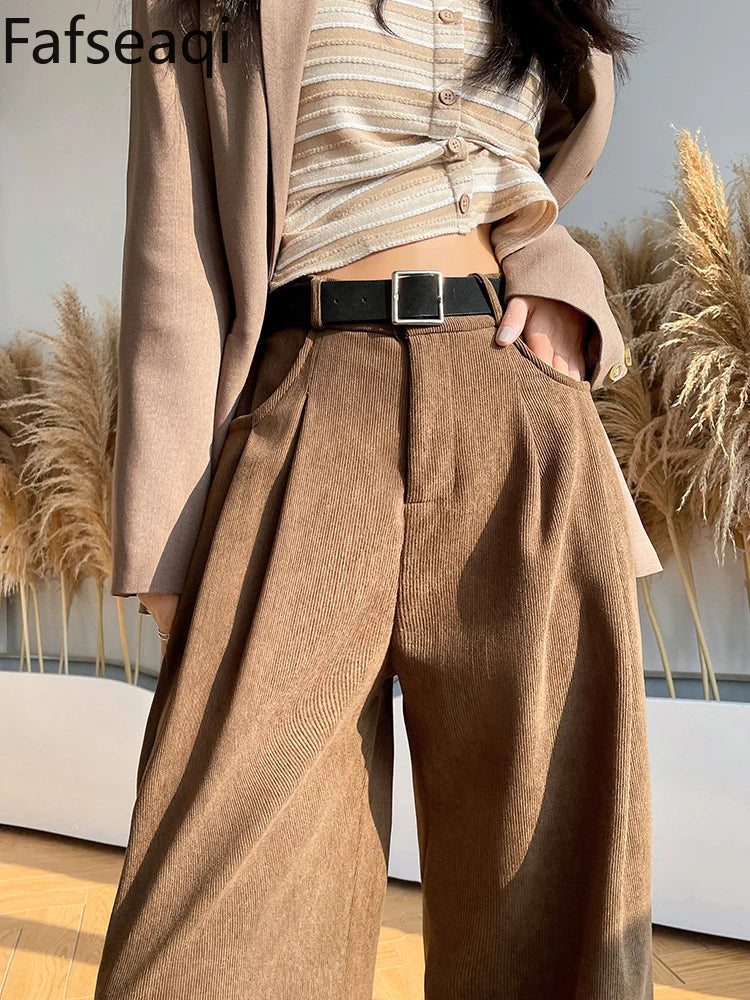 LVSANW Elegant Wide Leg Pants for Women 2024 Autumn New Maillard Full Length Trousers Winter Women's Baggy Pants with Velvet Sweatpants