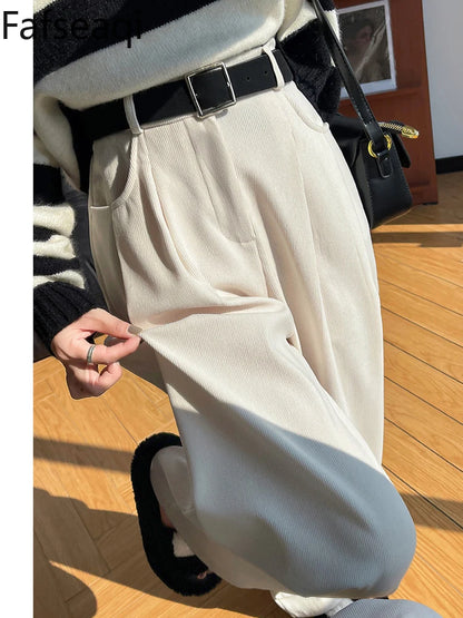 LVSANW Elegant Wide Leg Pants for Women 2024 Autumn New Maillard Full Length Trousers Winter Women's Baggy Pants with Velvet Sweatpants