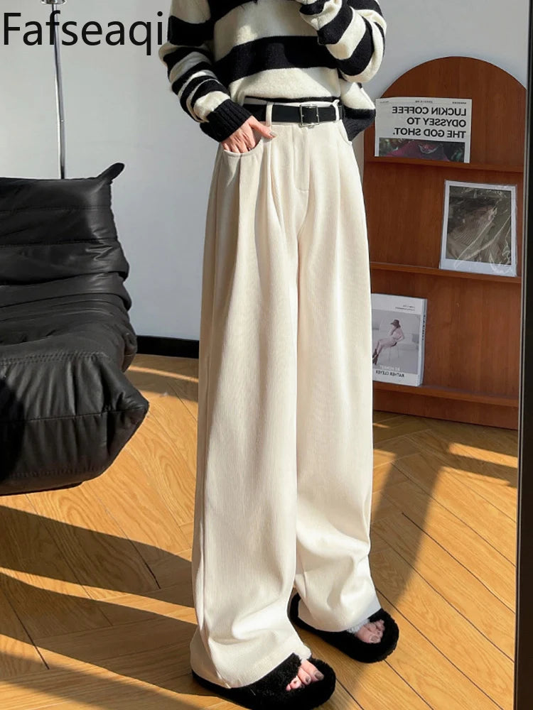 LVSANW Elegant Wide Leg Pants for Women 2024 Autumn New Maillard Full Length Trousers Winter Women's Baggy Pants with Velvet Sweatpants