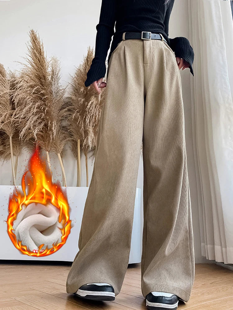 LVSANW Elegant Wide Leg Pants for Women 2024 Autumn New Maillard Full Length Trousers Winter Women's Baggy Pants with Velvet Sweatpants