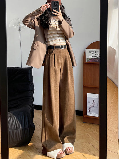 LVSANW Elegant Wide Leg Pants for Women 2024 Autumn New Maillard Full Length Trousers Winter Women's Baggy Pants with Velvet Sweatpants