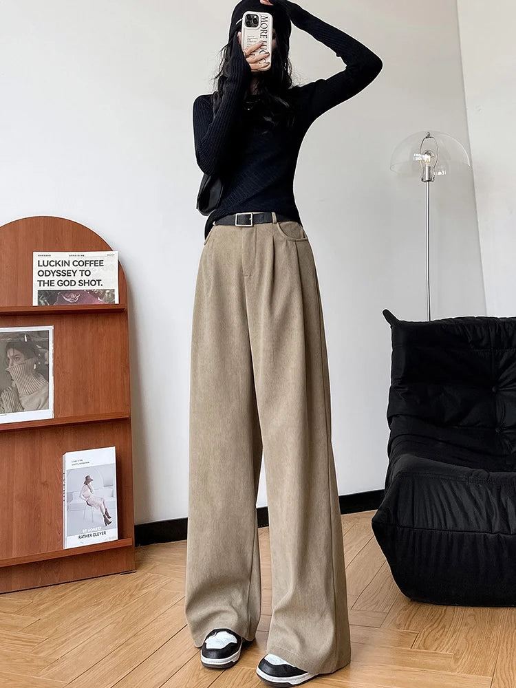 LVSANW Elegant Wide Leg Pants for Women 2024 Autumn New Maillard Full Length Trousers Winter Women's Baggy Pants with Velvet Sweatpants