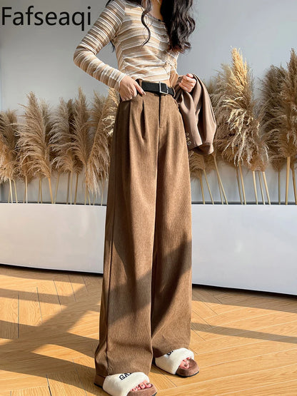 LVSANW Elegant Wide Leg Pants for Women 2024 Autumn New Maillard Full Length Trousers Winter Women's Baggy Pants with Velvet Sweatpants