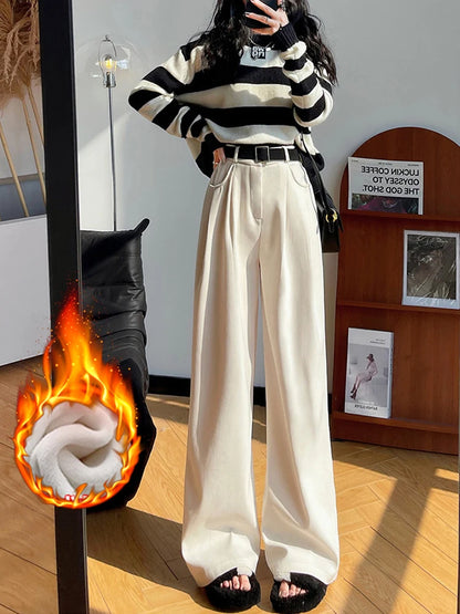 LVSANW Elegant Wide Leg Pants for Women 2024 Autumn New Maillard Full Length Trousers Winter Women's Baggy Pants with Velvet Sweatpants