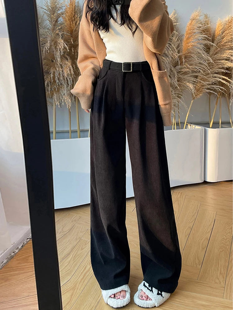 LVSANW Elegant Wide Leg Pants for Women 2024 Autumn New Maillard Full Length Trousers Winter Women's Baggy Pants with Velvet Sweatpants