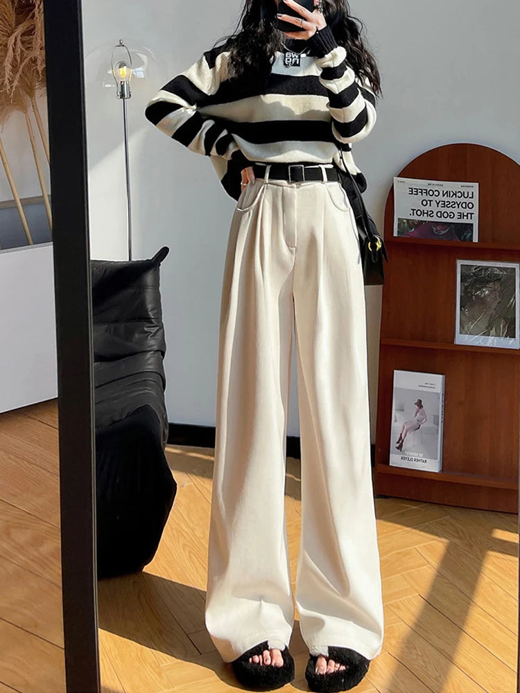 LVSANW Elegant Wide Leg Pants for Women 2024 Autumn New Maillard Full Length Trousers Winter Women's Baggy Pants with Velvet Sweatpants